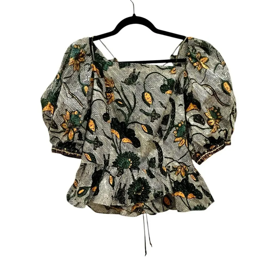Ulla Johnson‎ Carlotta Blouse Puff Sleeve Cotton Portofino Print Size 14